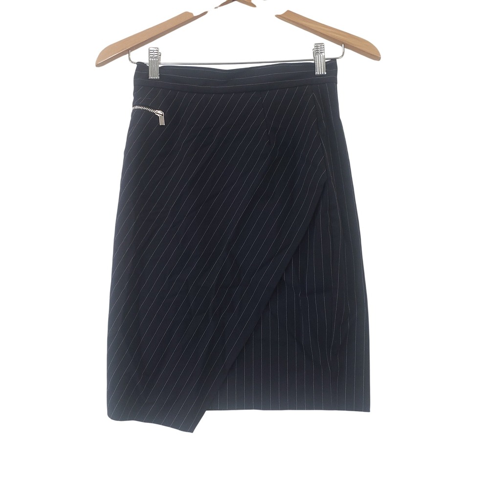 H&M Pinstripe Wrap Skirt Women 4 Black Asymmetrical Zip Detail Mini Skirt Office